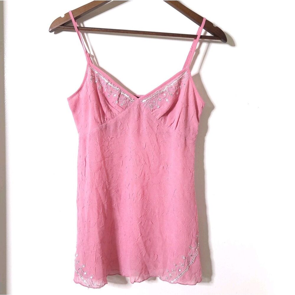 Vtg Y2K DKNY Jeans Sheer Babydoll Cami Top 4 Sequins Beaded Whimsy Fairy Pink